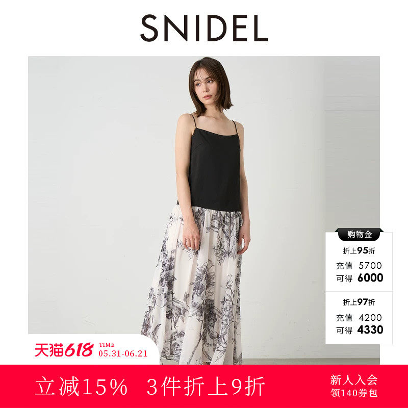 SNIDEL秋冬款甜美中长款拼接印花百褶吊带连衣裙SWFO244035