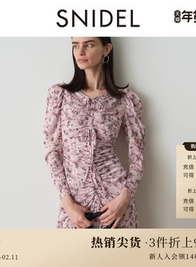 SNIDEL秋冬款甜美V领抽绳泡泡袖印花雪纺连衣裙SWCO244107