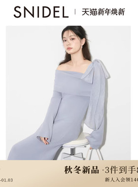 SNIDEL2025秋冬新品优雅斜肩蝴蝶结肩带长袖针织连衣裙SWNO254320