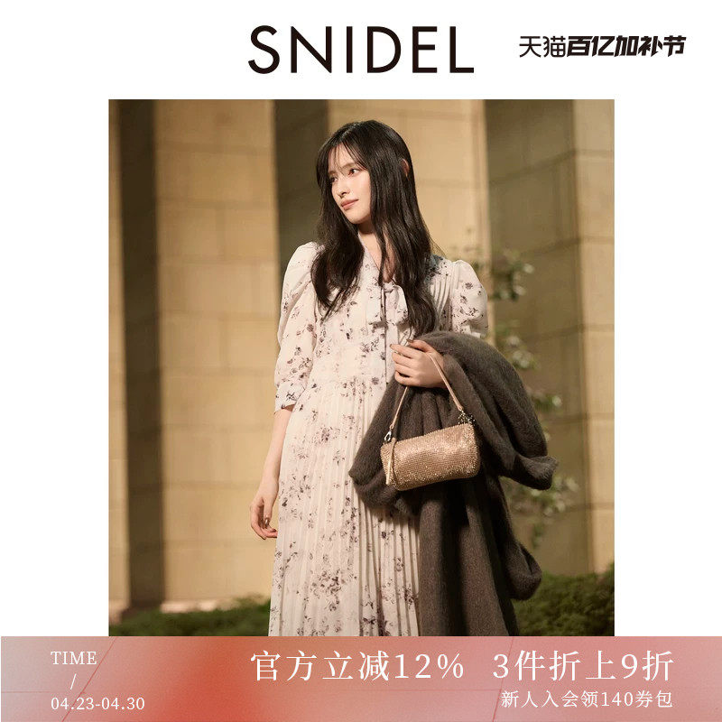 SNIDEL2025秋冬新品优雅泡泡袖系带百褶印花蛋糕连衣裙SWFO255038