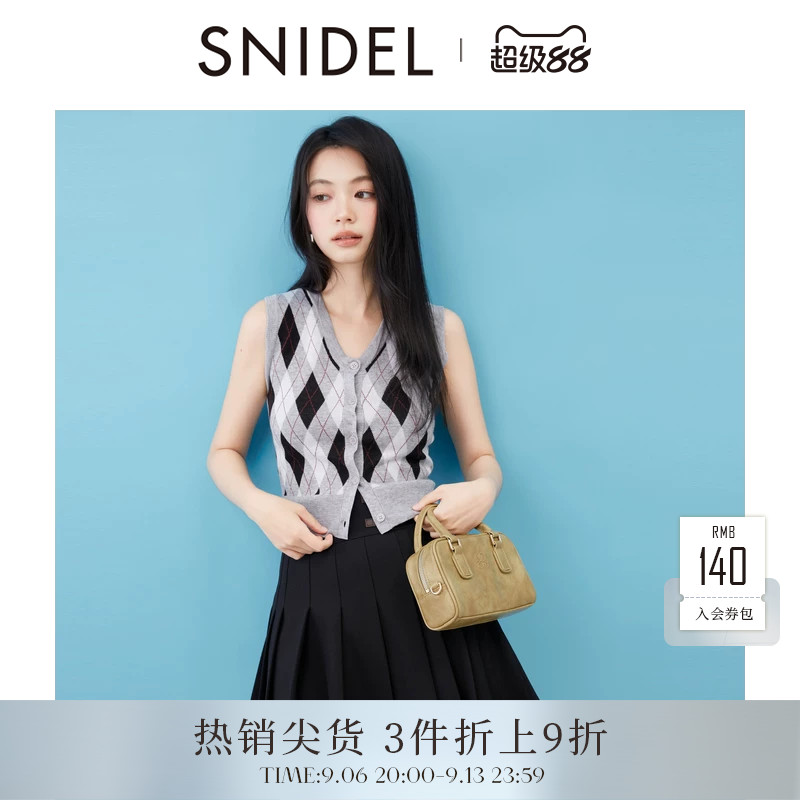 SNIDEL2025秋冬新品时尚复古V领无袖格纹针织背心上衣SWNT254283图片