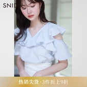 上衣SWFB232082 露肩格纹雪纺衬衫 SNIDEL春夏款 甜美荷叶V领短袖