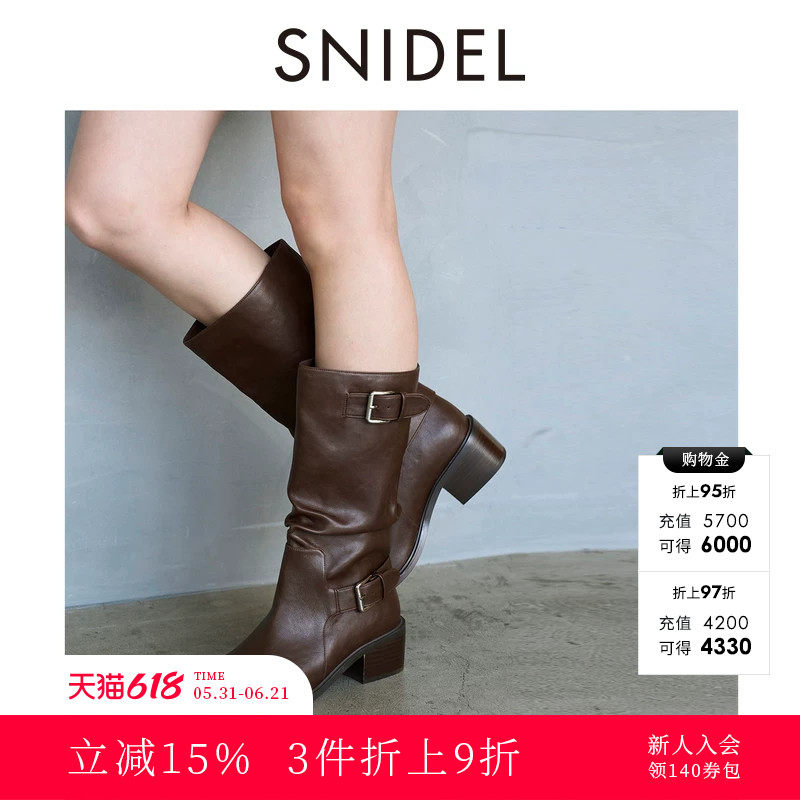 SNIDEL2025秋冬新品时尚百搭系带圆头方高跟中筒靴女鞋SWGS255611