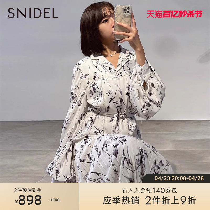 SNIDEL秋冬甜美翻领长袖印花雪纺百褶连衣裙SWFO235073