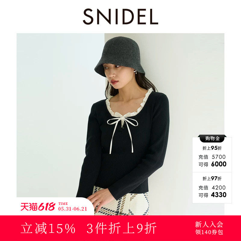 SNIDEL2025秋冬新品甜美荷叶领蝴蝶结系带长袖针织衫SWNT254219