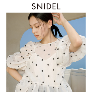 上衣SWFB242090 衬衫 甜美荷叶边圆领印花泡泡袖 SNIDEL2024春夏新品