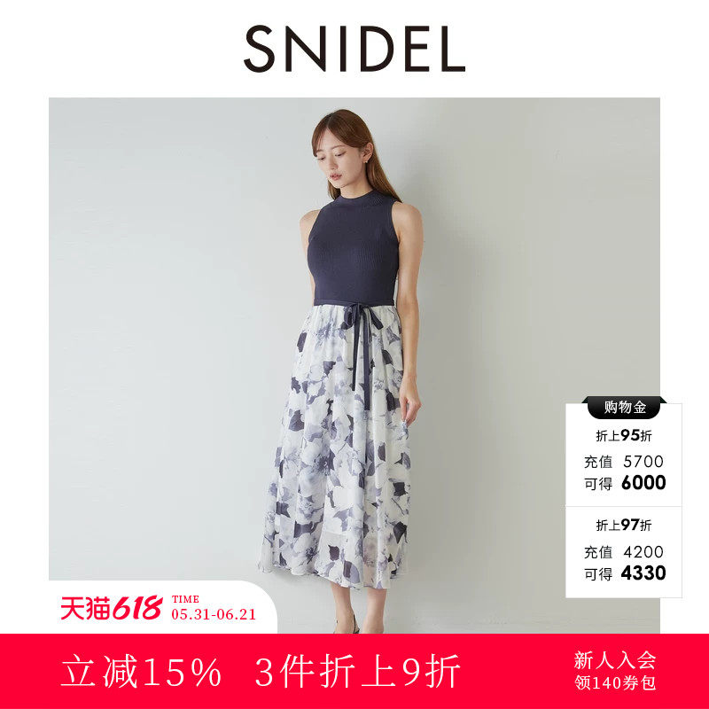 SNIDEL2025秋冬新品优雅时尚圆领无袖腰带印花连衣裙SWNO254337