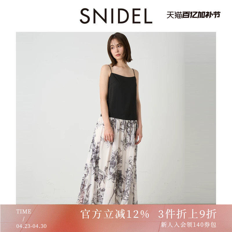 SNIDEL秋冬款甜美中长款拼接印花百褶吊带连衣裙SWFO244035