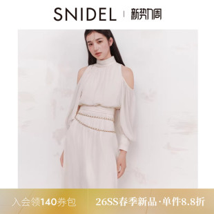SNIDEL2026春夏新品 连衣裙SWFO261330 优雅挖孔露肩收腰雪纺泡泡袖
