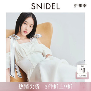 SNIDEL春夏款甜美蝴蝶结吊带束腰刺绣露肩连衣裙SWFO242061