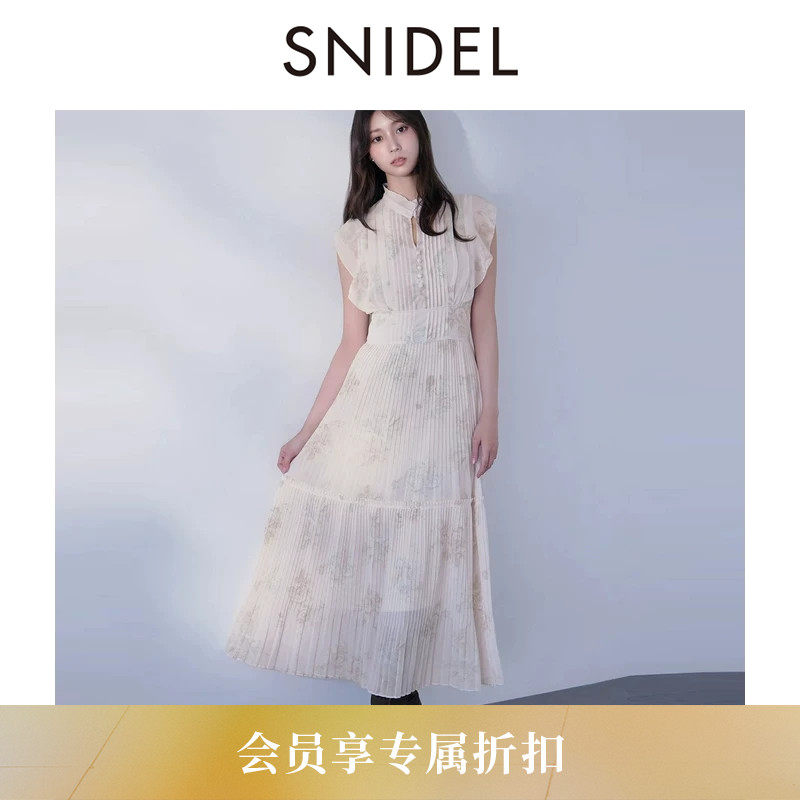 SNIDEL2026春夏新品优雅收腰荷叶边小飞袖印花连衣裙SWFO261103