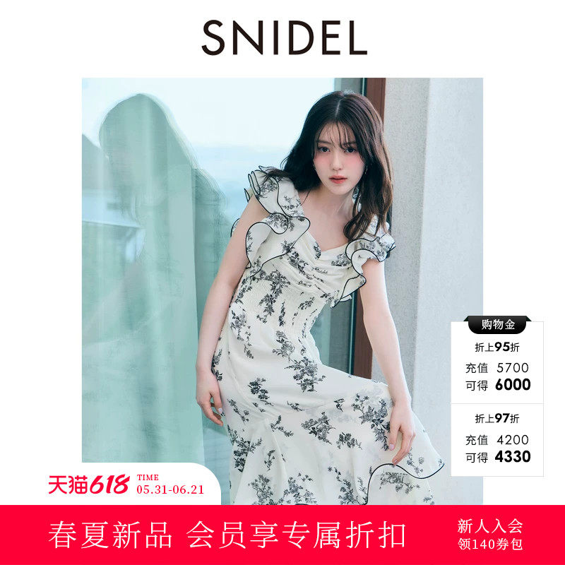 SNIDEL2026春夏新品双层荷叶边小飞袖收腰印花连衣裙SWFO262030