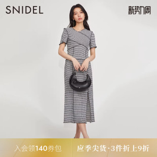 SNIDEL春夏款 优雅格纹收腰开衩木耳边系带连衣裙SWFO231095 法式