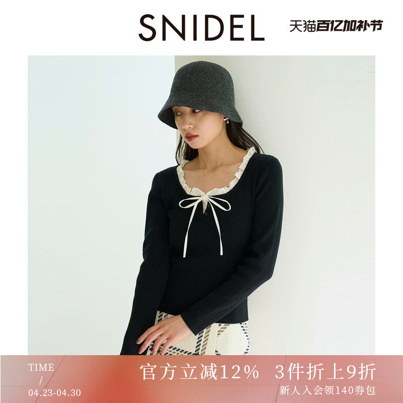 SNIDEL2025秋冬新品甜美荷叶领蝴蝶结系带长袖针织衫SWNT254219