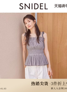 SNIDEL春夏款甜美格纹褶皱露背收腰裙摆吊带上衣SWCT242054