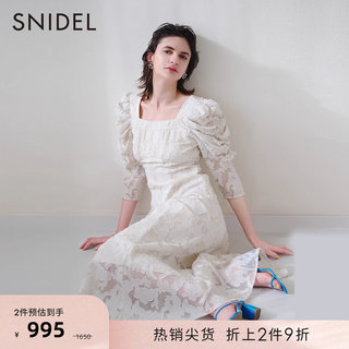 SNIDEL春夏款优雅法式方领提花泡泡袖露背连衣裙SWFO231083