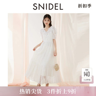 SNIDEL春夏款优雅V领荷叶边蕾丝镂空钩花连衣裙SWFO252067