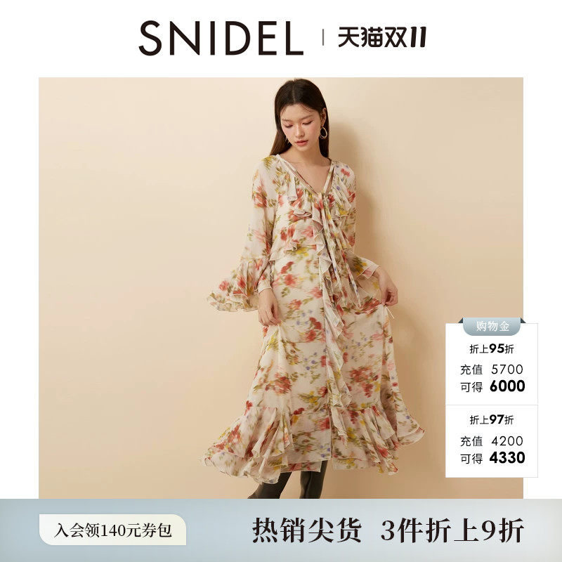 SNIDEL秋冬款甜美优雅V领系带印花荷叶边连衣裙SWFO245055
