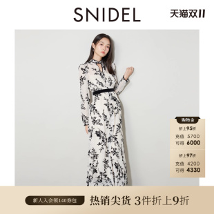 SNIDEL秋冬款 甜美立领收腰系带印花雪纺连衣裙SWFO244102
