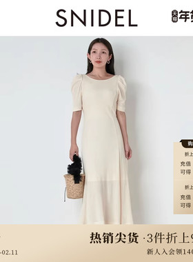 SNIDEL秋冬款甜美短袖露背收腰系带泡泡袖连衣裙SWCO244062