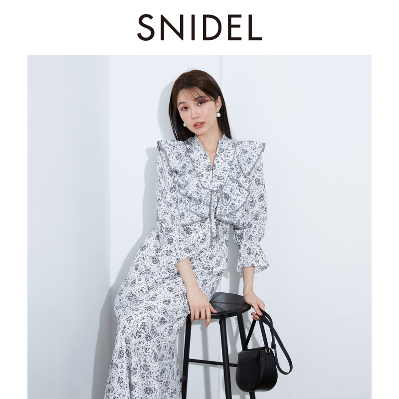 SNIDEL2024春夏新品淑女V领荷叶边收腰系带印花连衣裙SWFO241049 女装/女士精品 连衣裙 原图主图