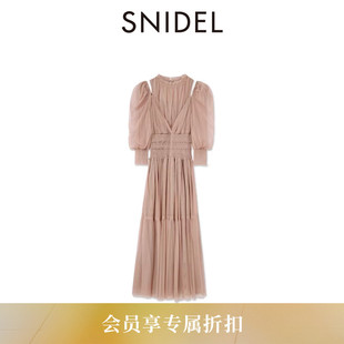 SNIDEL2026春夏新品 露肩连衣裙SWFO261331 甜美束腰抽褶薄纱泡泡袖