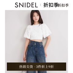 SNIDEL秋冬款短款露腰圆领烫钻泡泡袖针织衫上衣SWNT244235