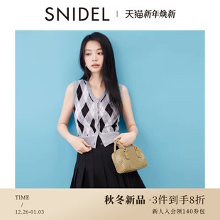 格纹针织背心上衣SWNT254283 复古V领无袖 SNIDEL2025秋冬新品 时尚