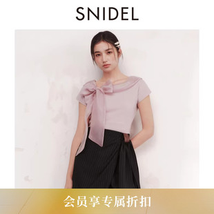 SNIDEL2026春夏新品 收腰T恤上衣SWCT261306 甜美薄纱蝴蝶结领短袖