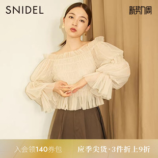 SNIDEL春夏甜美仙女一字领露肩薄纱褶皱藕节袖 上衣SWFB234160 衬衫
