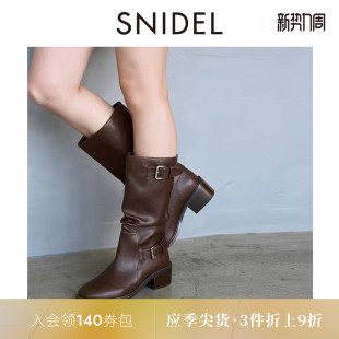 SWGS255611 百搭系带圆头方高跟中筒靴女鞋 SNIDEL2025秋冬新品 时尚