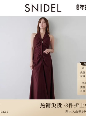 SNIDEL2025春夏新品气质翻领挂脖露背抽褶无袖连衣裙SWFO251003