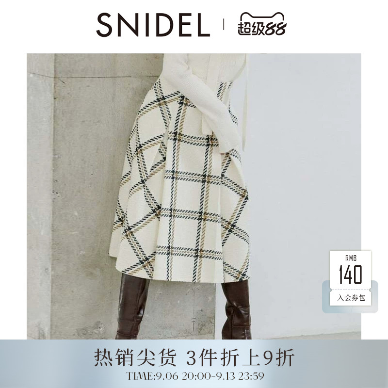 SNIDEL2025秋冬新品高腰中长款压褶A字经典格纹半身裙SWFS254144图片