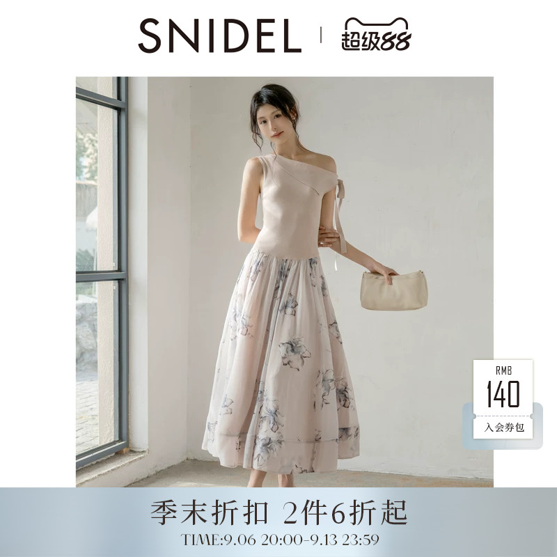 SNIDEL2026春夏新品优雅斜肩无袖针织拼接印花连衣裙SWNO262032图片