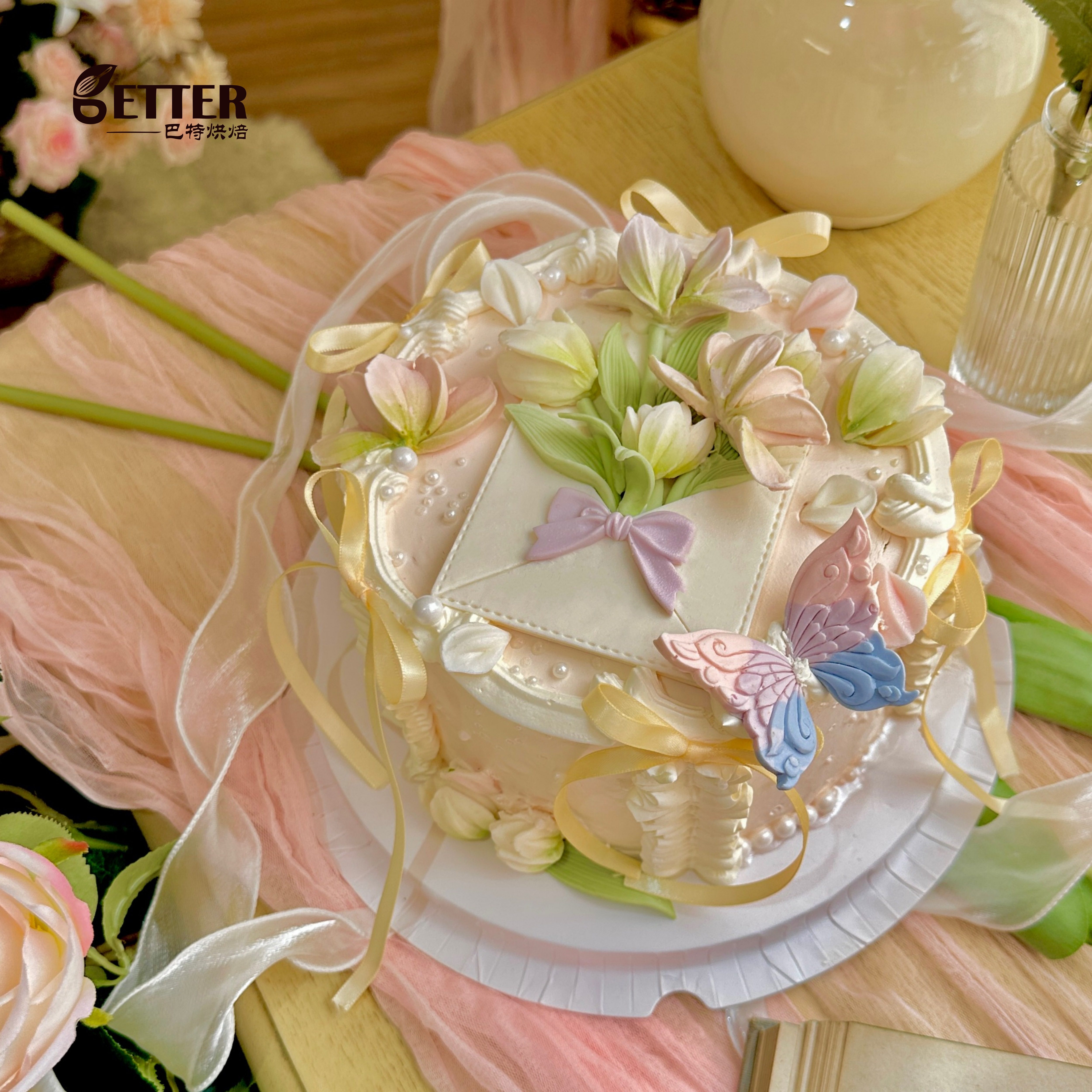 玉兰花裱花生日蛋糕动物奶油蝴蝶信封送母亲妈妈女士青岛同城配送