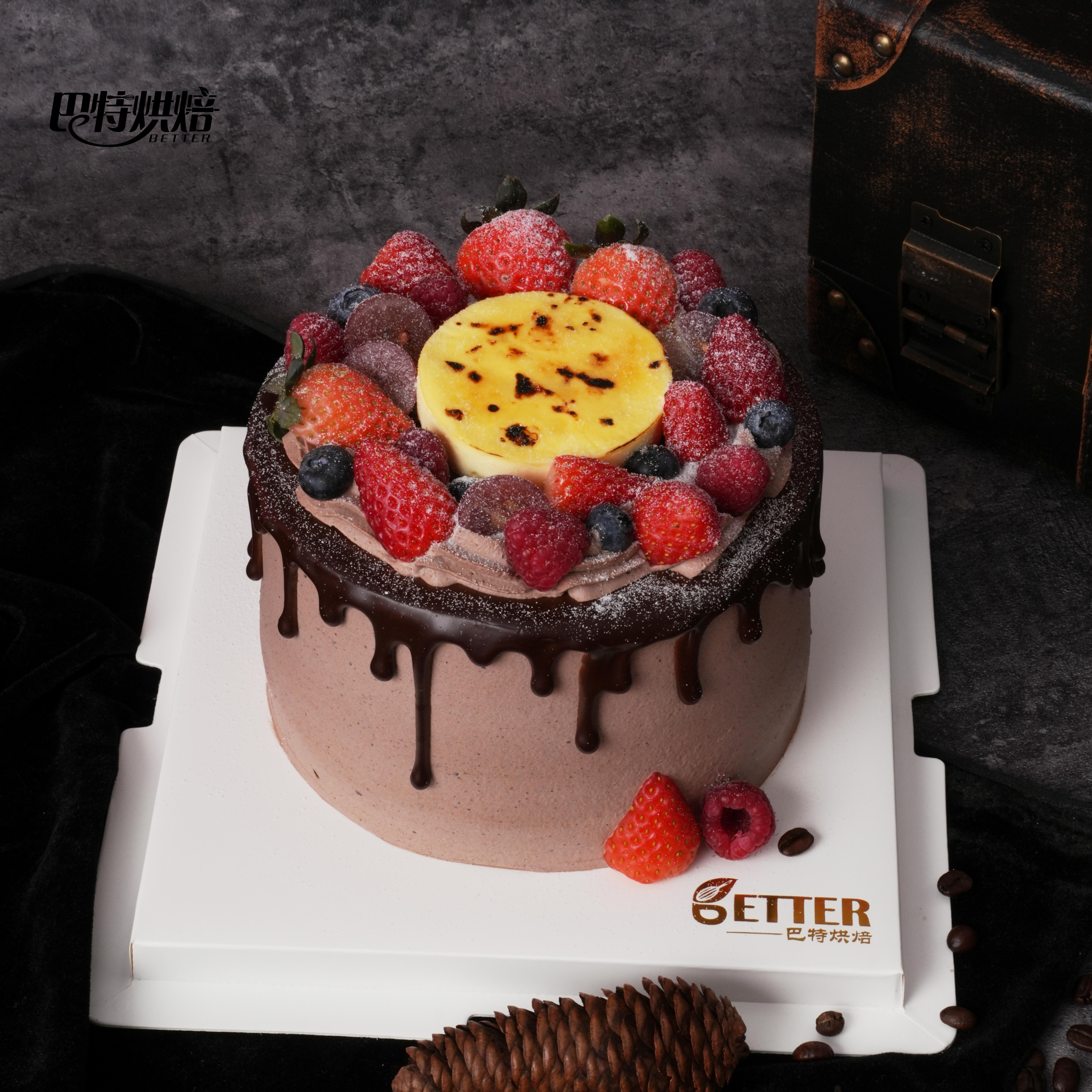 草莓布蕾巧克力蛋糕新鲜草莓香草烤布蕾动物奶油青岛同城配送