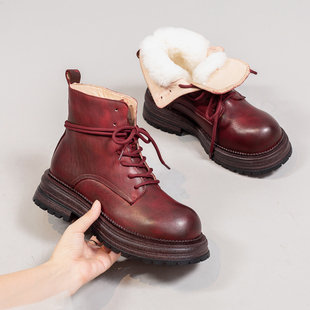 冬季 子 酒红色圆头皮毛一体女靴厚底系带马丁靴短靴女东北大棉鞋
