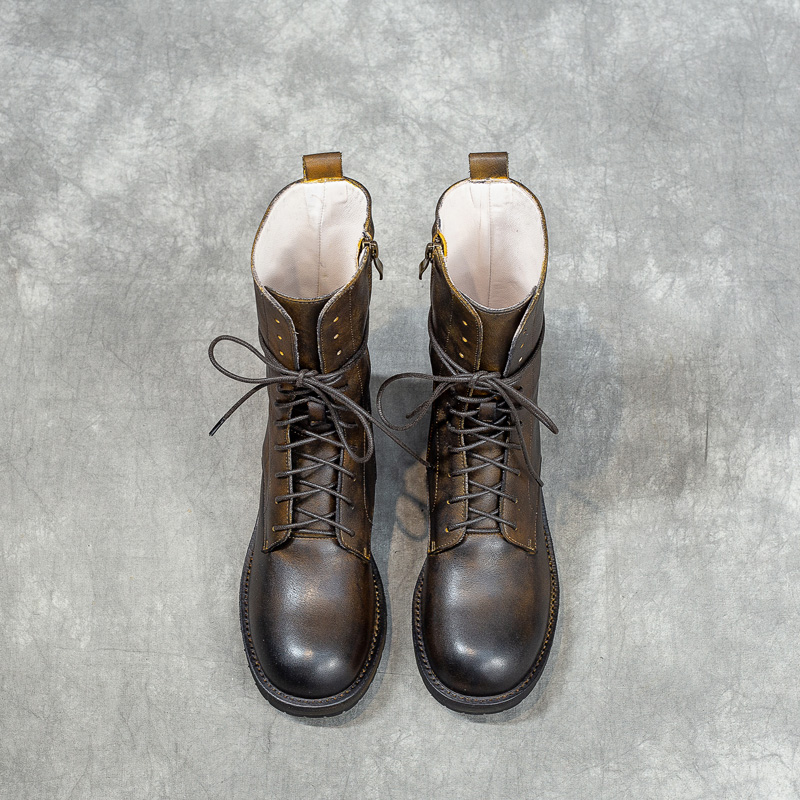 圆头系带真皮马丁靴厚底骑士靴