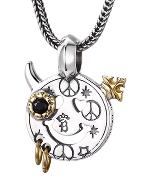 富贵鹿时尚欧美工匠男女款纯银撒旦小魔鬼涂鸦钱币吊坠暗黑系列