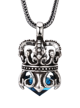 富贵鹿日本工匠纯银镶海蓝色锆石皇冠大吊坠男女款时尚复古风挂饰