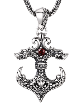 日本首饰工匠男生纯银仿古做旧双龙头船锚吊坠个性时尚锁骨链挂饰