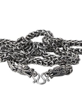 富贵鹿双龙头项链男纯银复古龙鳞