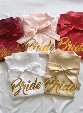 跨境色丁烫金粉伴娘Bridesmaid婚礼晨袍化妆袍睡袍女士新娘开衫