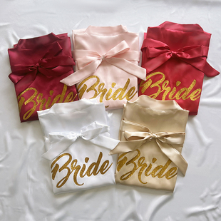 跨境色丁烫金粉伴娘Bridesmaid婚礼晨袍化妆袍睡袍女士新娘开衫