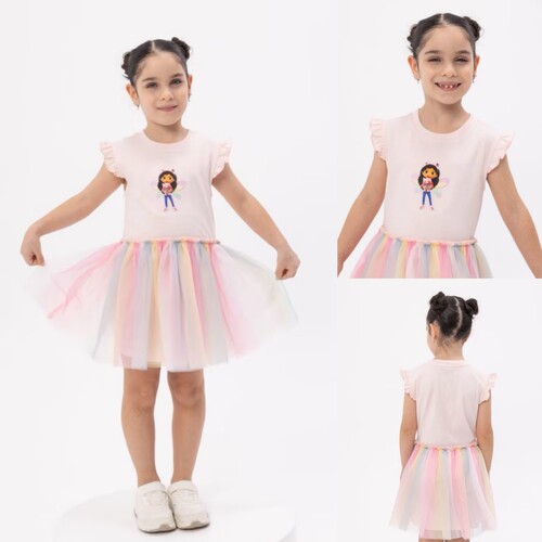 外贸原单 女童夏装新款休闲圆领短袖连衣裙 洋气彩虹纱纱裙小中童