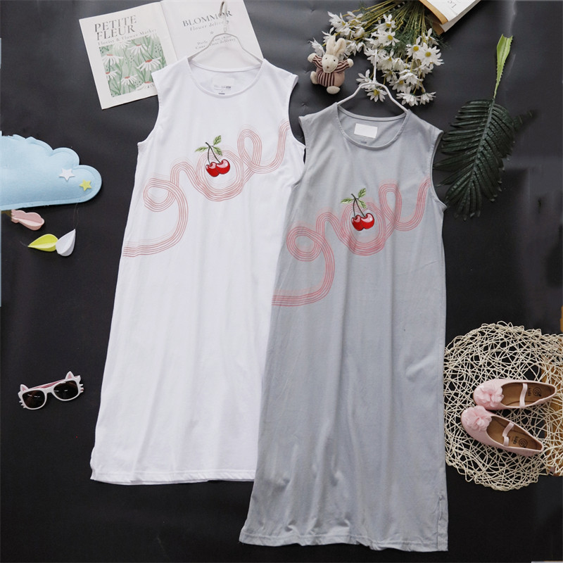 夏季女全棉刺绣樱桃针织背心款薄软家居睡裙连衣裙大童成人媛1