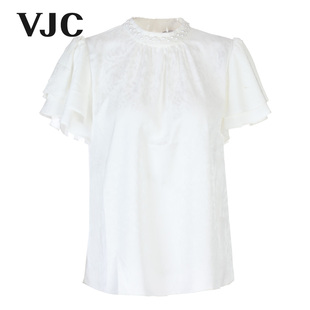 雪纺衫 VJC2024夏季 半高领飞袖 上衣宫廷风女款 新品 白色钉珠短袖