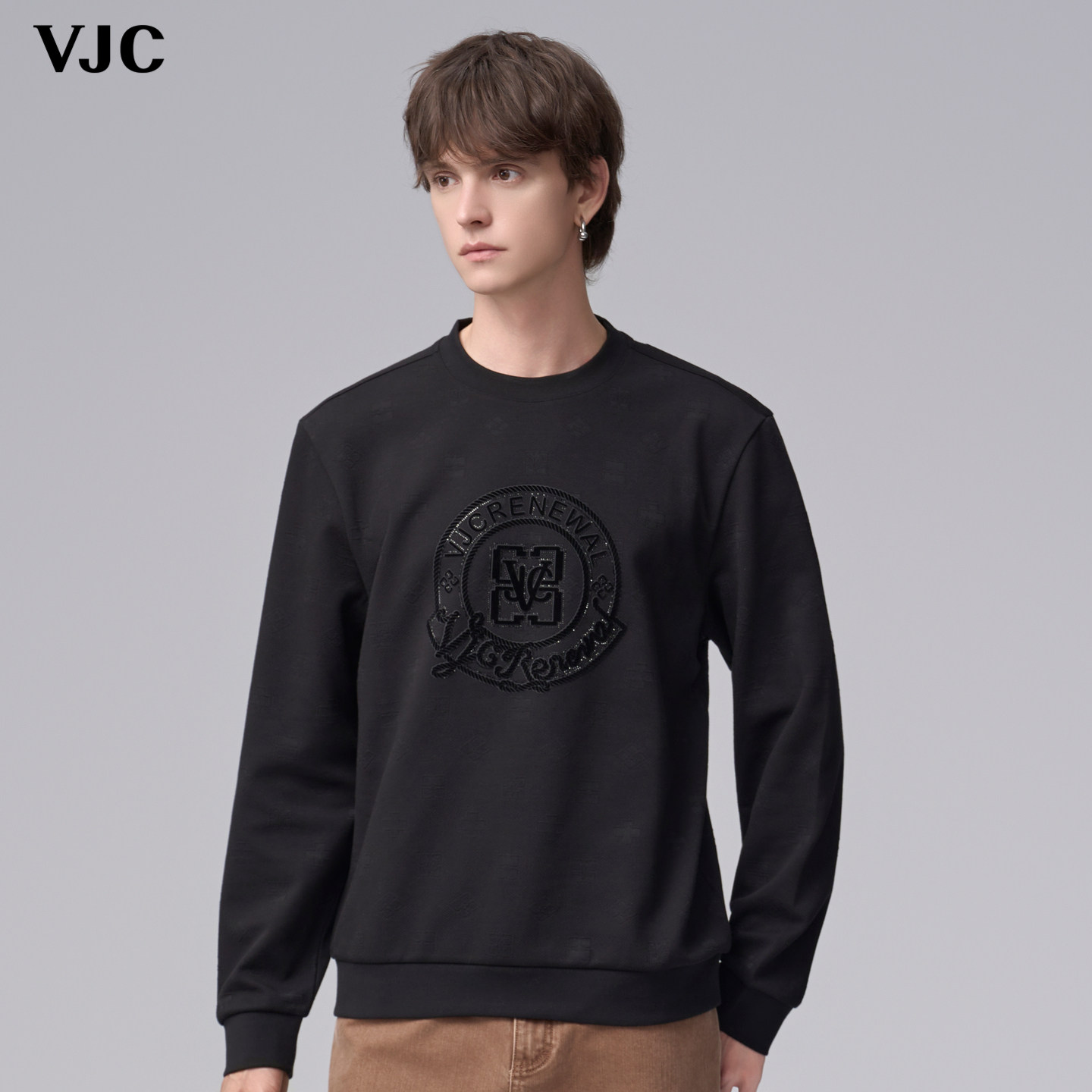 VJC/威杰思秋冬新款男装时尚植绒印花休闲长袖卫衣微阔打底衫