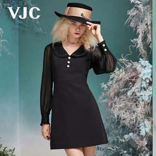 VJC/威杰思女装春夏新款连衣裙气质减龄修身娃娃领通勤复古