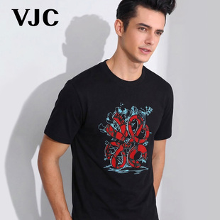 VJC/威杰思2026春夏新款男士短袖t恤棉感黑色植绒烫钻撞色白重工